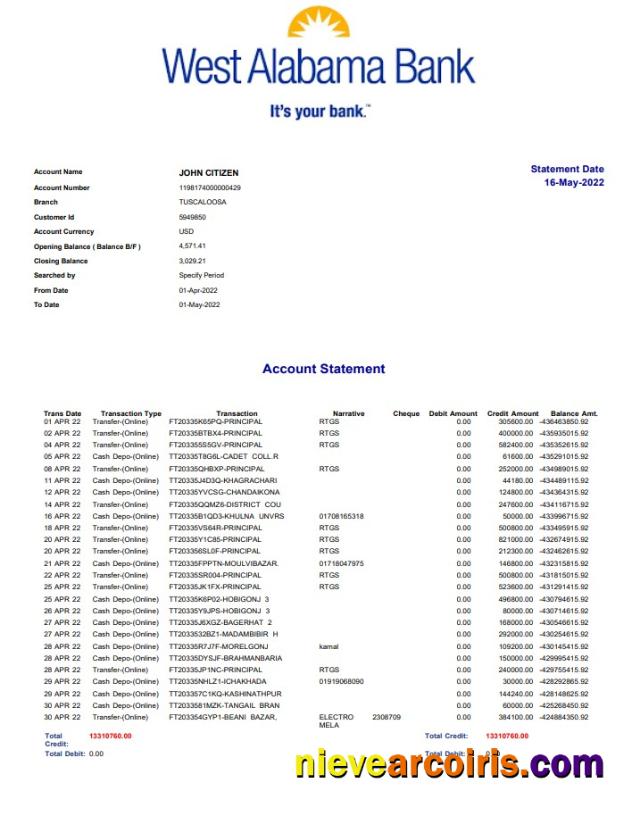 USA West Alabama bank statement